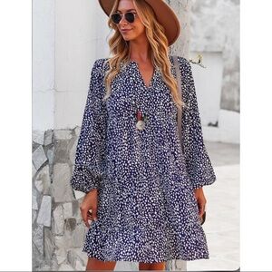 Navy and White Long Sleeve Babydoll Dress